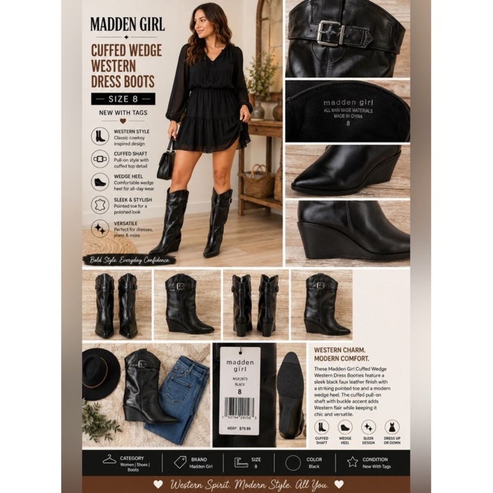 Madden Girl Joe Black Cuffed Wedge Western Dress Boots Buckle NEW 8